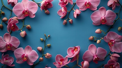   A group of pink orchids on a blue background with text space on the left side