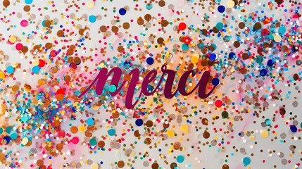 Obraz premium A vibrant image featuring 'merci' written in cursive amidst a colorful array of confetti