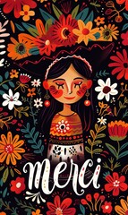 A colorful illustration features a woman surrounded by a vibrant floral pattern with the word "Merci" at the bottom