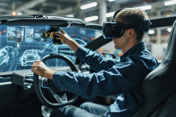 Automotive engineer working on 3D prototypes of electric cars using VR concept, AI generated