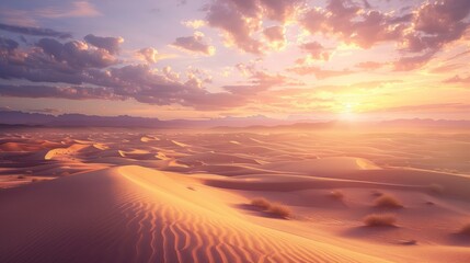 The sun dips below the horizon, casting warm tones over the vast desert landscape of sand dunes - Powered by Adobe