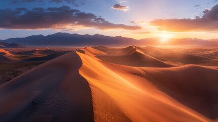 The sun is setting over vast sand dunes, casting warm tones and soft diffused light on the landscape - Powered by Adobe
