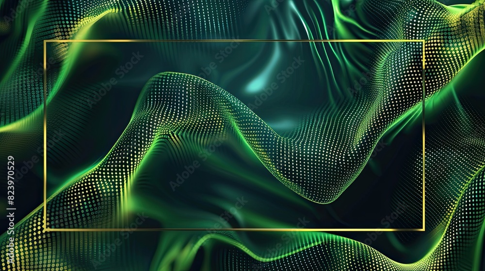 Wall mural This is a digital abstract image featuring a wavy green pattern with a glowing grid and a golden frame