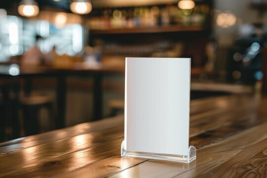 Table Menu. Mock Up Label Blank Menu Frame in Bar Restaurant with White Paper Acrylic Tent Card on Wooden Table
