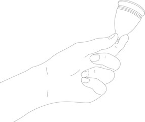 Illustration of a hand holding a menstrual Cup. Eco friendly option for replacing pads and tampons. An environmentally friendly alternative. Feminine hygiene. Black and white drawing in linear style