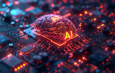Artificial Intelligence hardware concept. Glowing red brain circuit on microchip on computer motherboard. big data processing, ai trading, machine learning, technology, 3D illustration, 3D renderin.