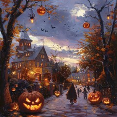Fototapeta premium A spooky Halloween street with glowing jack-o'-lanterns, a haunted house, and trick-or-treaters at dusk.