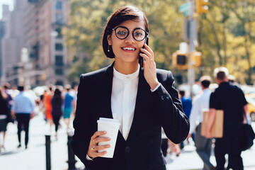 Portrait of elegant female entrepreneur talking on cellphone about business while passing crosswalk...