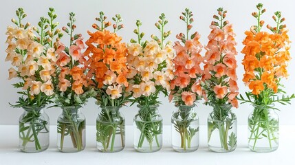   A row of three glass vases filled with vibrant orange and pink flowers gracefully sit atop a white table, exuding elegance and charm - Powered by Adobe