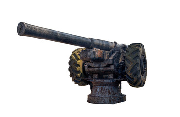 An old cannon, very oxidized, used by the Brazilian army, isolated on a transparent background