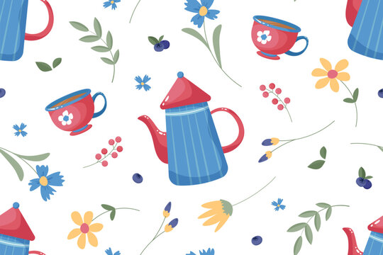 Seamless vector pattern of Teapot and cup with summer field flowers and berries. Seasonal background.