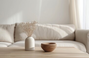 Blurred living room interior with a beige sofa and wooden table on a white background, focused on the furniture