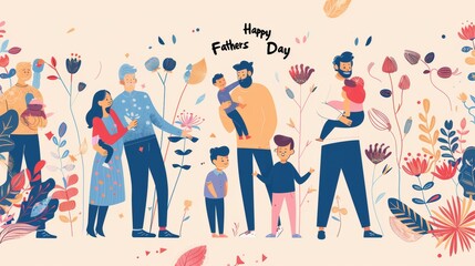 Happy Fathers Day. Vector illustration with men and children. 