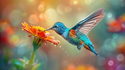 Iridescent Hummingbird Hovering Over Blooming Flower A Macro Photography Capture