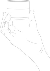 Woman hand holds in fingers a jar of cream outline drawing