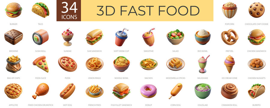 3D Fast Food Icon Set - 34 Detailed and Colorful Icons of Popular Fast Food Items