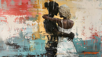 Fototapeta premium A black man holds a blonde woman close, embodying love and romance in an intimate moment captured with warmth and depth
