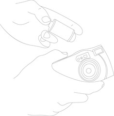 Hand holds a film camera in one hand and film roll in another line drawing art