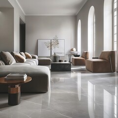 A luxurious living room floor laid with large slabs of polished Bianco Carrara marble, its subtle grey veining contrasting elegantly against minimalist furniture.