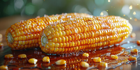 Golden corn cobs with water droplets, suitable for agricultural or fresh produce themes.
