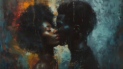 A black man embraces a black woman in a loving kiss, evoking the essence of romance and celebrating the beauty of affectionate connection