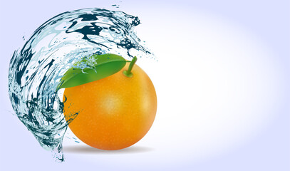 Orange with a leaf under splashes of water on a light background with copy space.