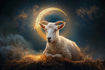 Greeting card with sacrificial sheep and crescent on cloudy night background.