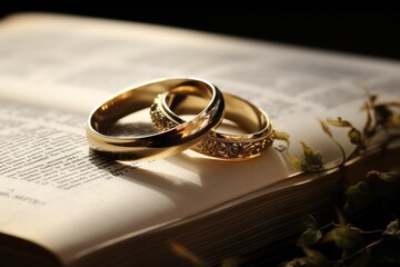 Golden wedding rings on an open book