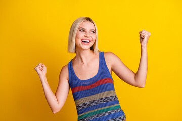 Photo portrait of young sweet beautiful woman student in singlet successful done bachelor grade isolated on yellow color background