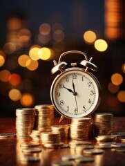 Alarm clock and stacked coins on wooden desk on the background of business buildings. Time for saving concept.