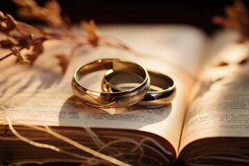 Golden wedding rings on an open book