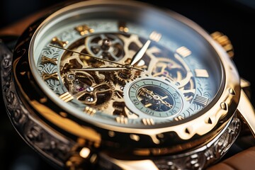 Highly detailed mechanical watch movement with visible gears and ruby bearings