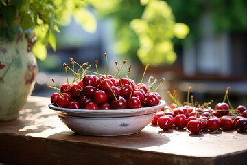 Fresh red cherries fruit in bowl on table in garden - Powered by Adobe