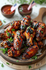Grilled chicken wings on a wooden platter, great for culinary blogs or barbecue recipes.