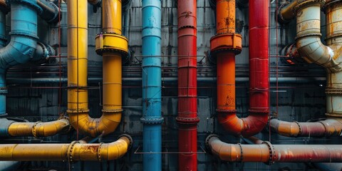 Colorful industrial pipes on building facade
