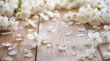 Obraz na płótnie Canvas white blossoms and soft brown wooden table flooring, cherries tree flowers, spring and summer background