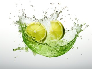 sparkling water with green limes flying, splash transparent water, white background