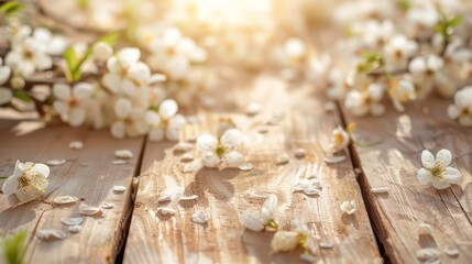 white blossoms and soft brown wooden table flooring, cherries tree flowers, spring and summer background
