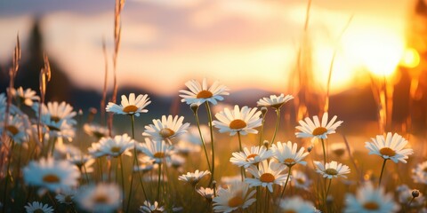 Meadow with lots of white spring daisy flowers at sunset.