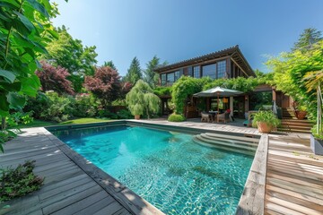 Swimming pool and decking in garden of luxury home.