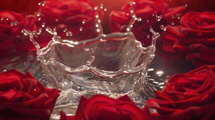   Glass bowl filled with water and topped by red roses, with water droplets on the bottom