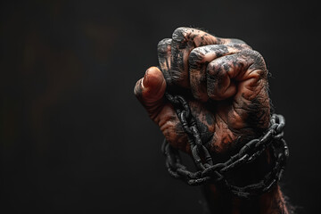 A Hand Holding a Microphone with a Chain ,
World press freedom day concept. Woman hand with microphone tied with a chain
