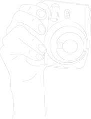 illustration hand taking a picture with an instant camera. An instant photo comes out of the camera.