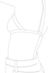 Young woman line illustration. Beautiful elegant woman wearing bra and jeans. Female profile monochrome line art minimalist print.