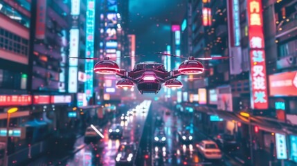 futuristic cityscape with flying cars and neon lights cyberpunk concept