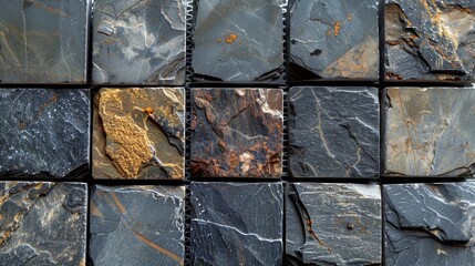 Textured marble tiles in shades of black and brown