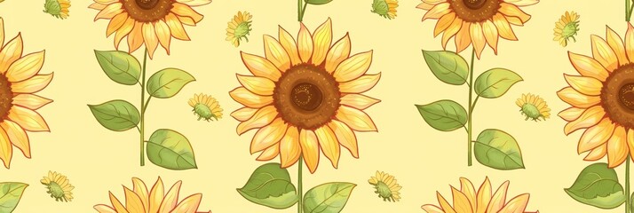 pattern of sunflowers with a symmetrical and repetitive design in a simple, flat illustration style and vector art texture on a warm yellow background Generative AI