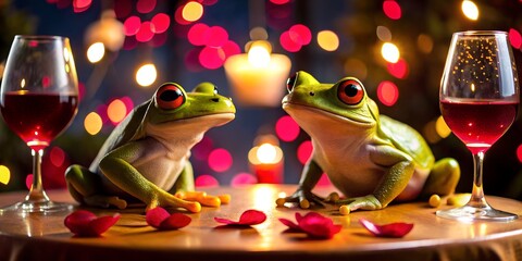 Macro  portrait of frogs at the table, behind the blurred light of lanterns and candles and rose petals on the table, romantic dinner, cute frogs