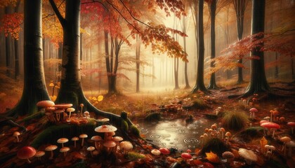 Rain in the autumn forest, mushrooms under the trees near the puddle