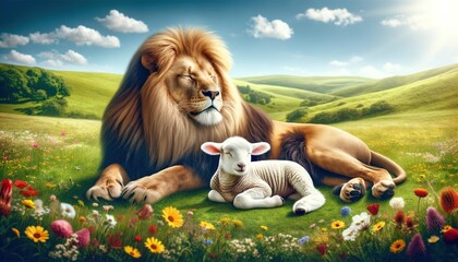 A lion and a lamb sleep peacefully in a meadow on the grass among flowers, a biblical prophecy...